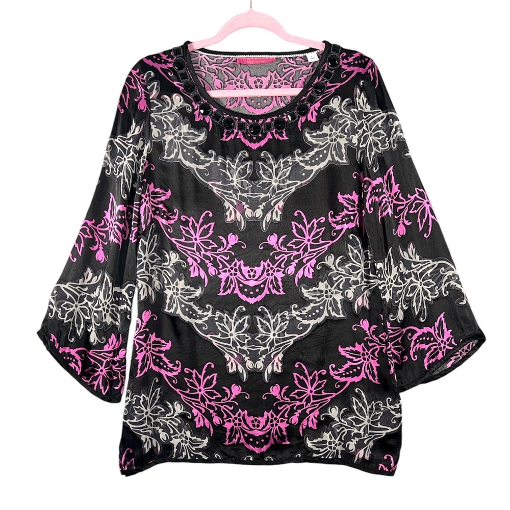 Robert Graham Women’s Silk Blend Floral Blouse Size L 3/4 Sleeves Sheer Casual